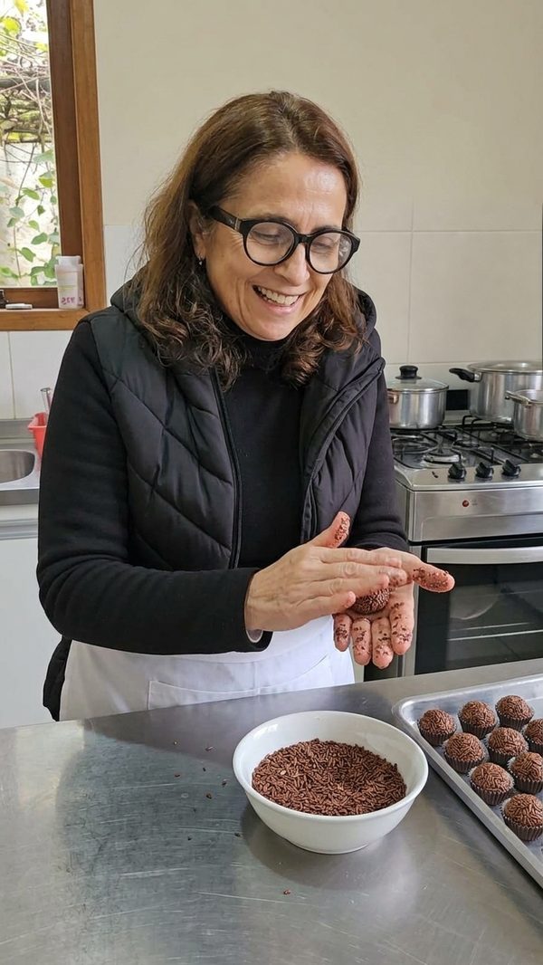 Marcia enrolando brigadeiros gourmet na cozinha