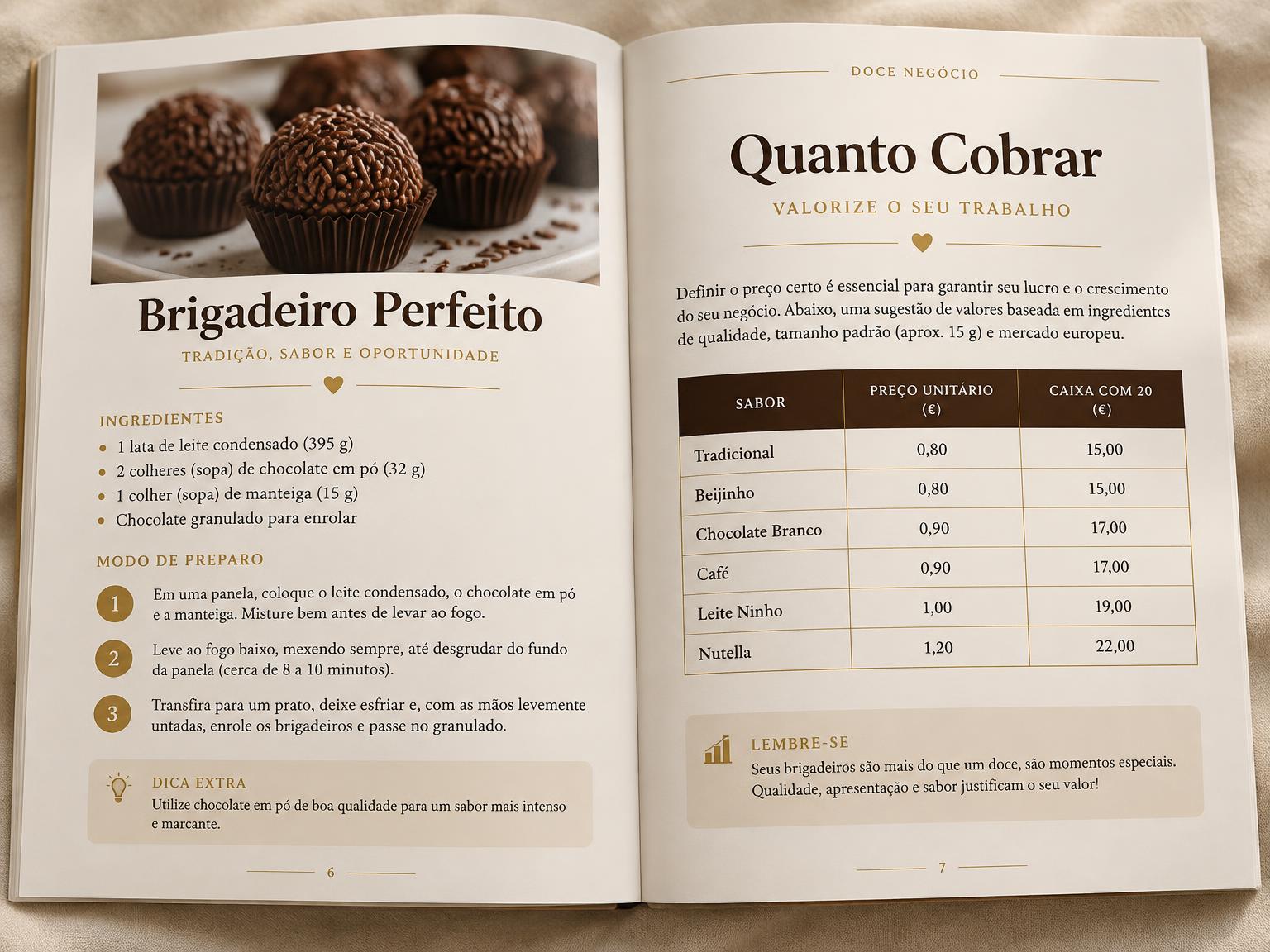 Prévia de duas páginas do e-book: receita do brigadeiro perfeito e tabela de quanto cobrar