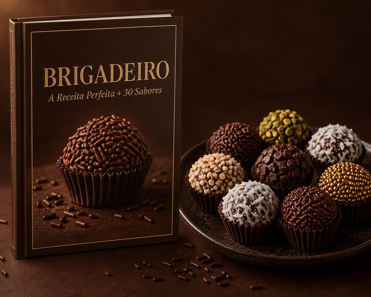 E-book Brigadeiro: A Receita Perfeita + 30 Sabores ao lado de uma bandeja de brigadeiros gourmet